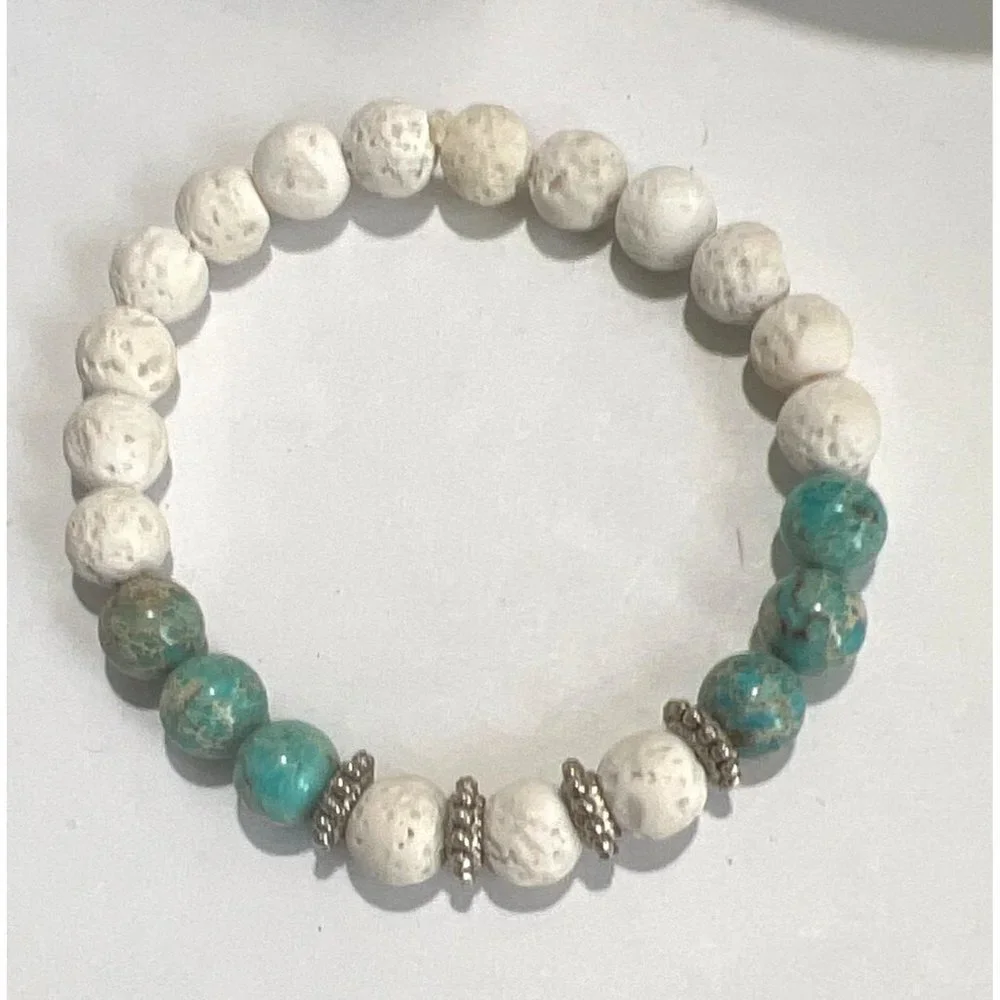 White Lava Rock & Turquoise Bead Stretch Bracelet -- NEW